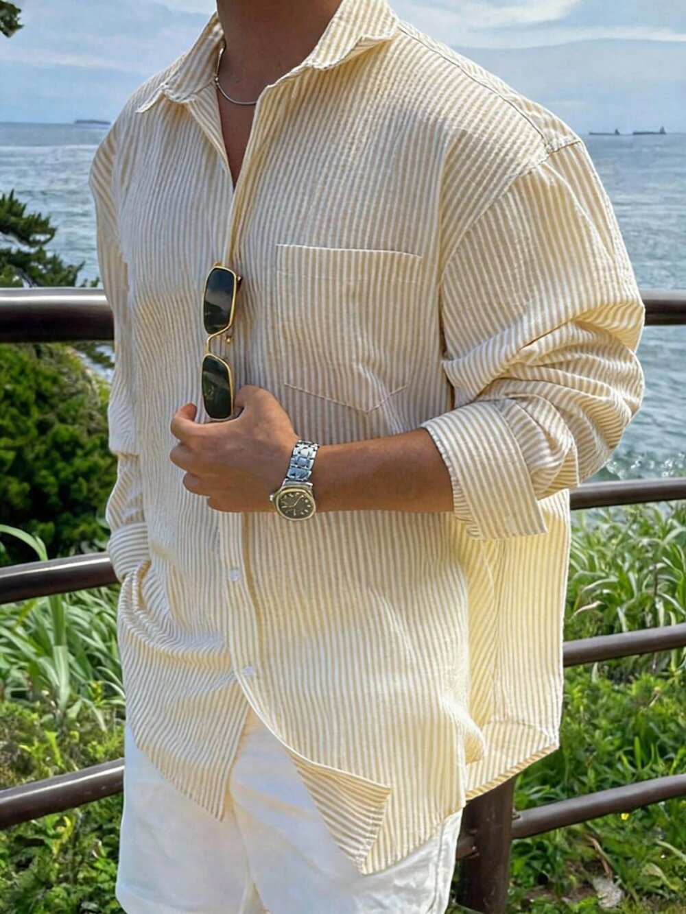 Yellow Casual Men's Striped Long Sleeve 'S Shirt